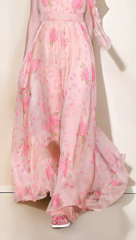 PINK FLORAL CHIFFON MAXI DRESS WITH PUFF SLEEVES AND SCARF NECKLINE