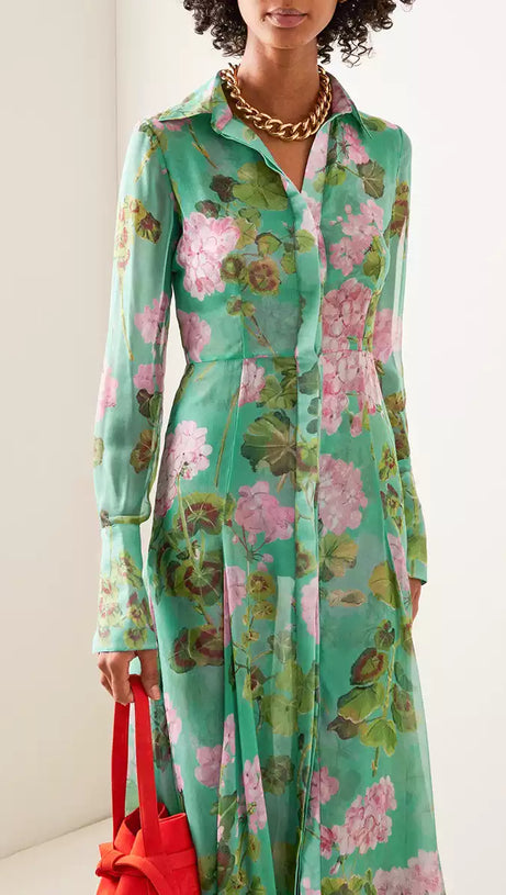 GREEN SHEER FLORAL MAXI DRESS WITH SHIRT COLLAR