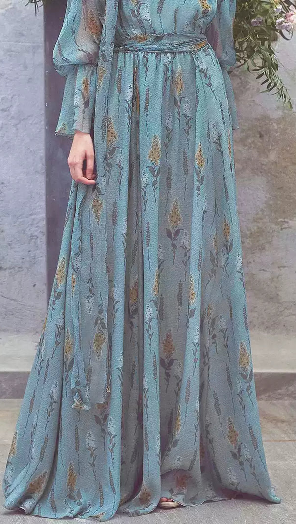 AIIZIE BLUE FLORAL CHIFFON MAXI DRESS WITH TIE - NECK AND BELT - product image