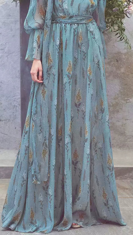 BLUE FLORAL CHIFFON MAXI DRESS WITH TIE - NECK AND BELT
