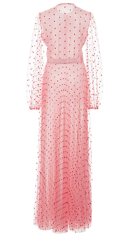 ELEGANT PINK SHEER DOT MAXI DRESS WITH TIE NECKLINE
