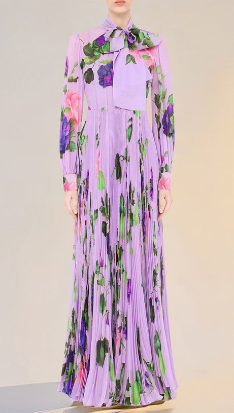 LILAC FLORAL PRINT BOW NECKLINE LONG CHIFFON DRESS