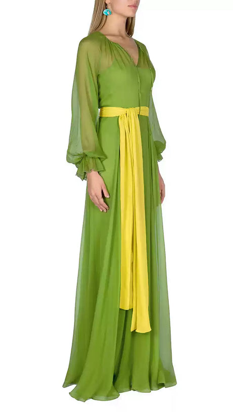 GREEN CHIFFON MAXI DRESS WITH YELLOW BELT AND SHEER SLEEVES