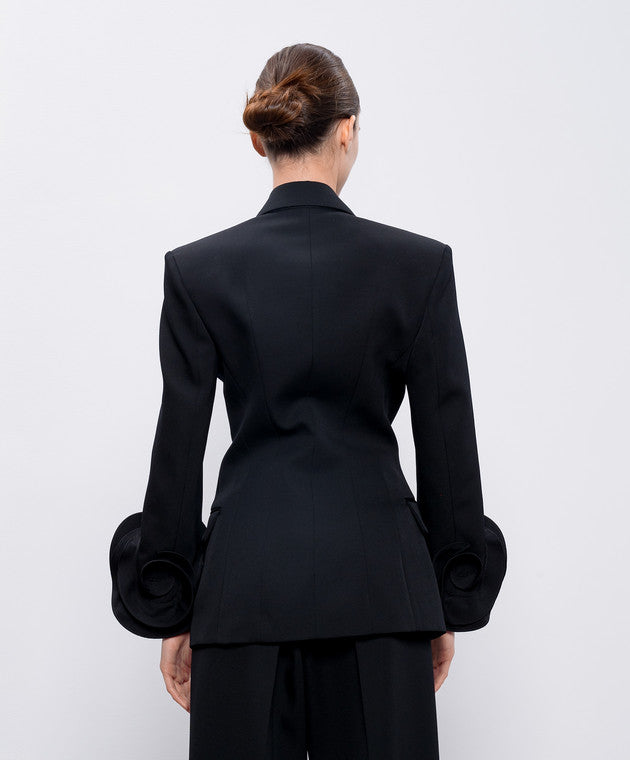 BELLA BLACK DOUBLE-BREASTED WOOL JACKET WITH FLORAL APPLIQUÉ