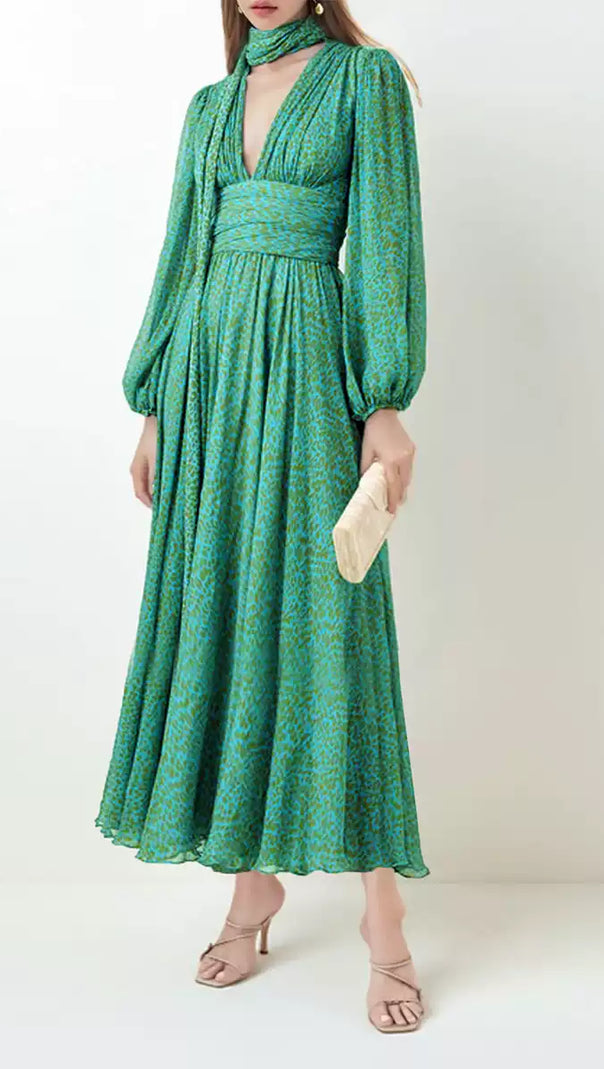 AIIZIE TEAL LEOPARD PRINT CHIFFON MAXI DRESS WITH TIE NECKLINE - product image