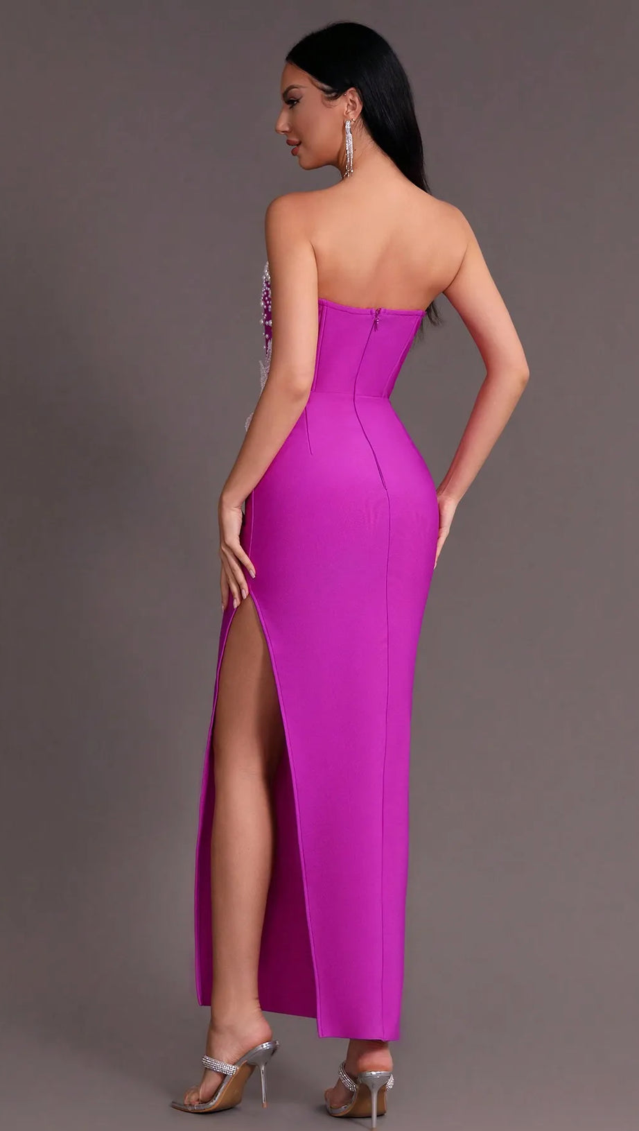 PURPLE BEADED STRAPLESS SIDE SLIT BANDAGE DRESS