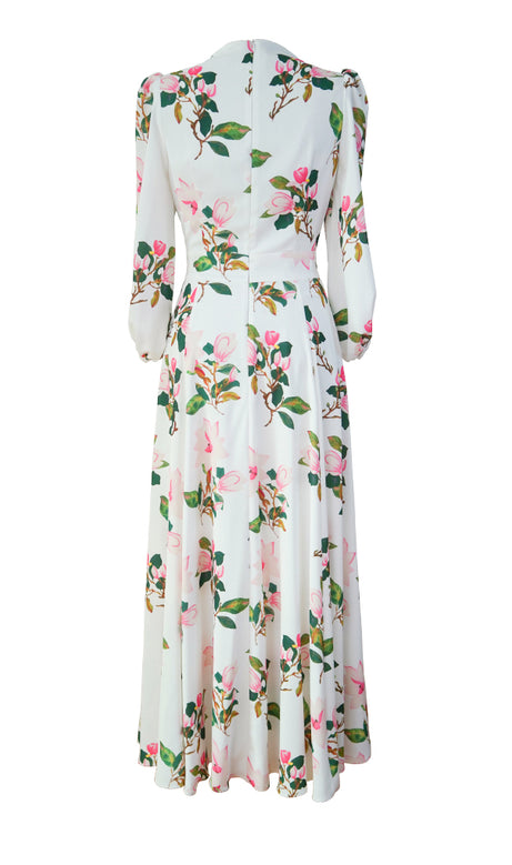 WHite Vintage Court - Style High - Neck Floral Chiffon Maxi Dress