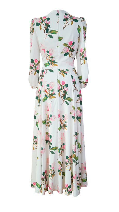 AIIZIE WHITE VINTAGE COURT - STYLE HIGH - NECK FLORAL CHIFFON MAXI DRESS - product image