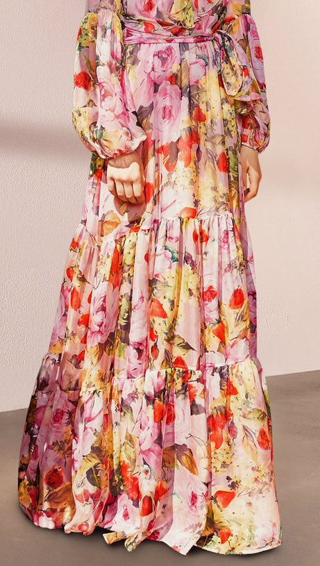 YELLOW FLORAL PRINT RUFFLE V - NECK MAXI DRESS WITH BELT