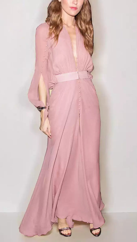 ELEGANT PINK MAXI DRESS WITH BUTTON FRONT AND BELTED WAIST