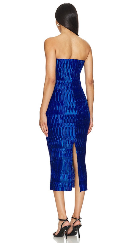 REINE PLISSE STRAPLESS MIDI DRESS