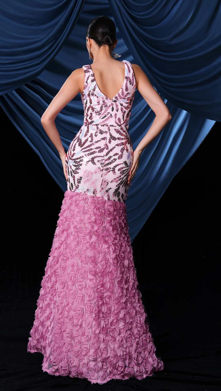 FLORAL SEQUIN SPLIT MAXI DRESS IN PINK