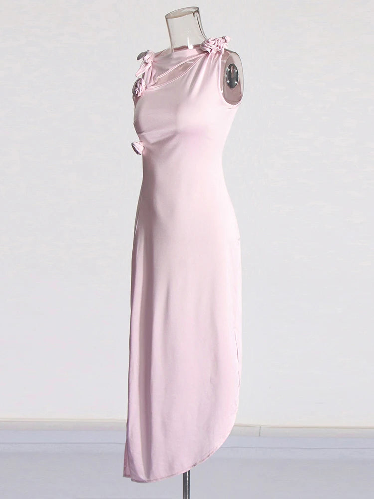 AIIZIE EILEEN PINK 3D FLOWER SEMI-FORMAL MIDI DRESS - product image