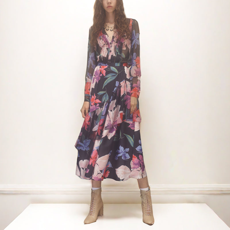 ELEGANT FLORAL CHIFFON MAXI DRESS WITH RUFFLED DETAILS