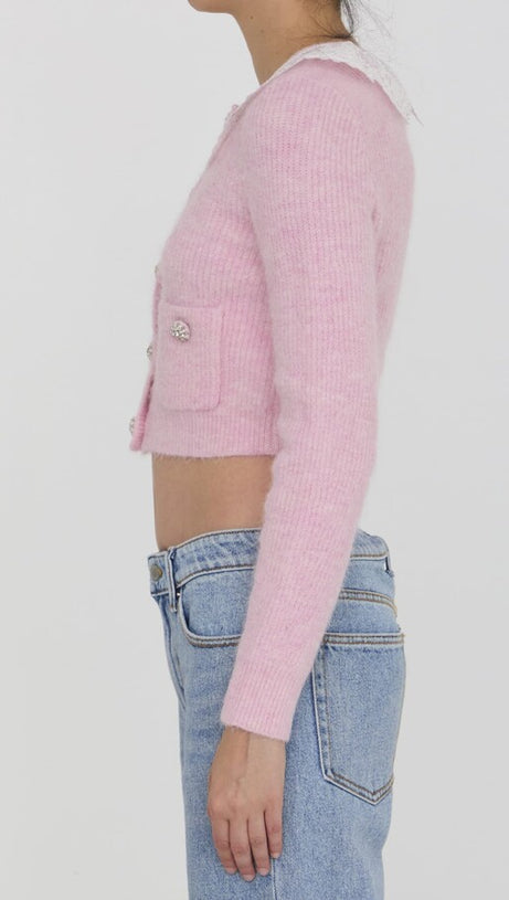FLUFFY RIBBED-KNIT STRETCH-WOVEN BLEND CARDIGAN IN PINK