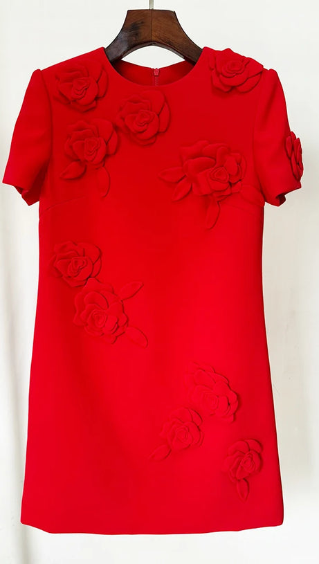 SELENA EMBROIDERED CREPE COUTURE MINI DRESS IN RED