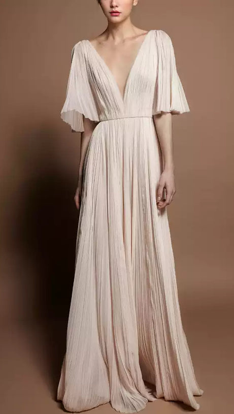 LOTUS ROOT ELEGANT V - NECK PLEATE MAXI DRESS
