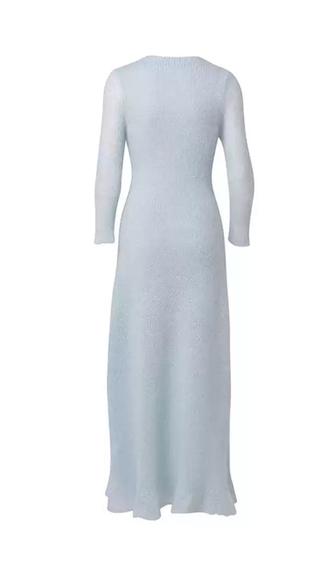 ELEGANT LIGHT BLUE KNIT MAXI DRESS WITH SHEER SLEEVES