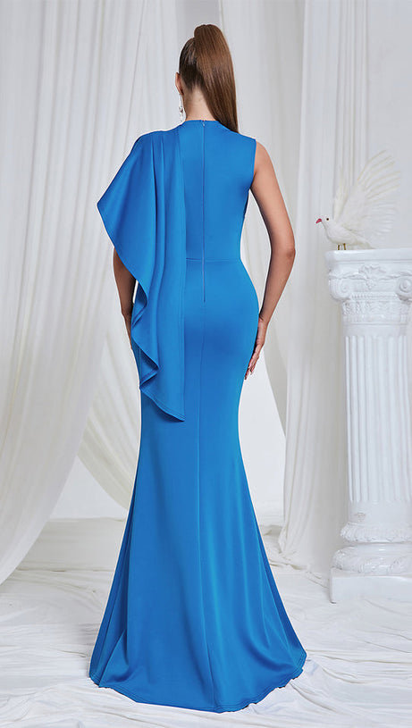 PLEATED HIGH SLIT MAXI DRESS IN BLUE