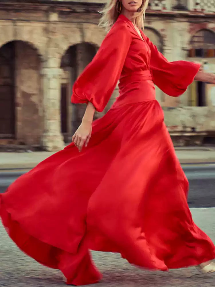AIIZIE RED SATIN WRAP MAXI DRESS WITH PUFF SLEEVES AND BELT - product image