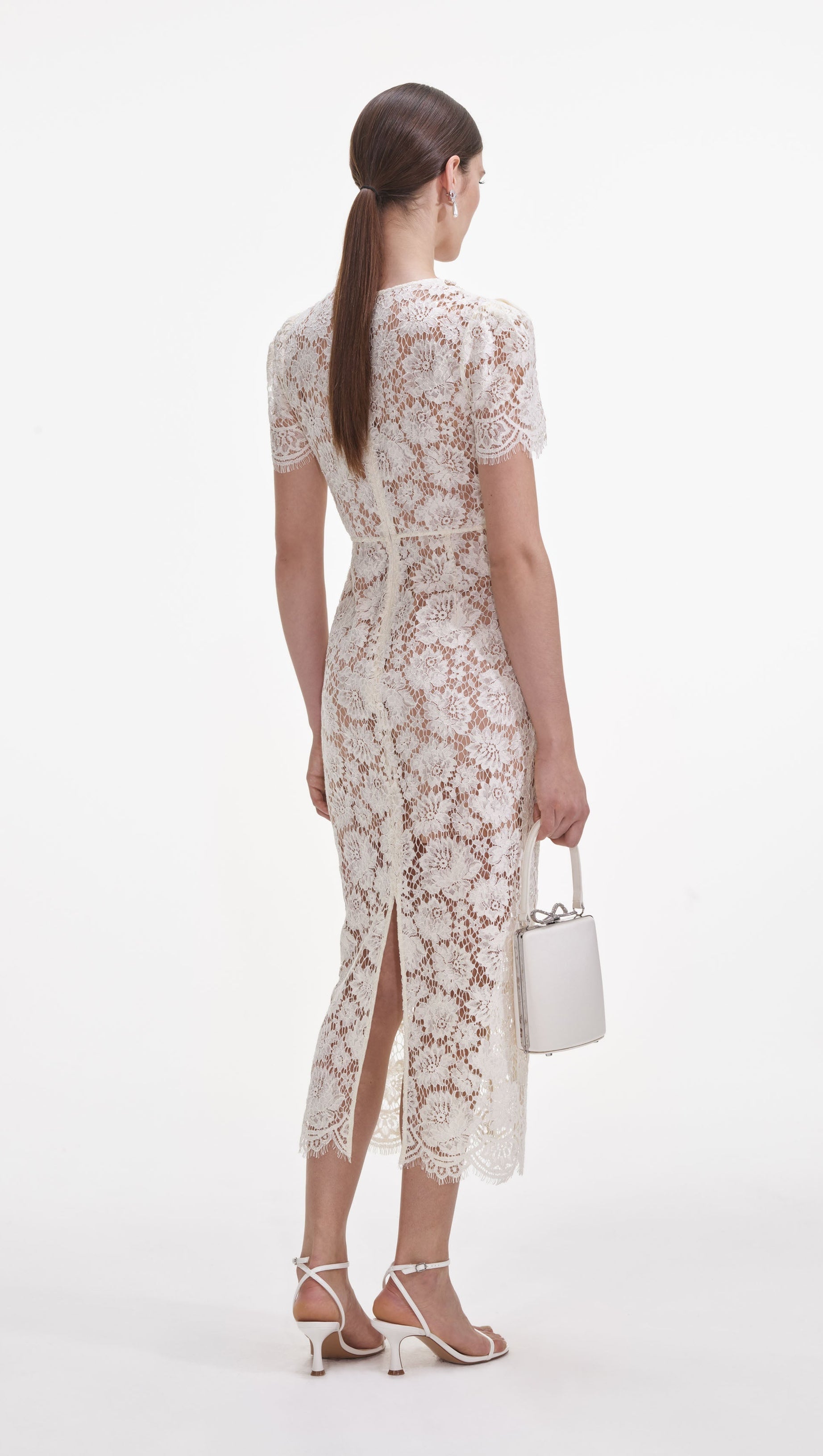 CRYSTAL BOW DETAILED V NECK LACE MIDI DESIGN DRESS