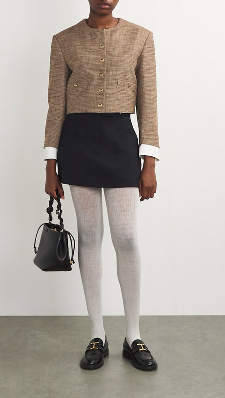 ROUND-NECK HOUNDSTOOTH-PATTERN WOVEN JACKET IN BRUNS