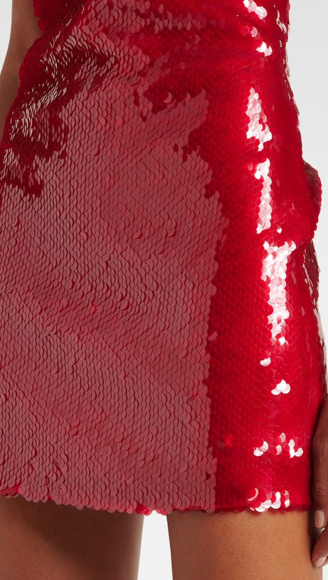 CINWA FLORAL APPLIQUÉ HALTER SEQUIN MINI DRESS IN RED