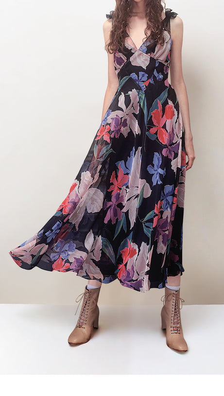 ELEGANT FLORAL CHIFFON MAXI DRESS WITH BOW STRAPS