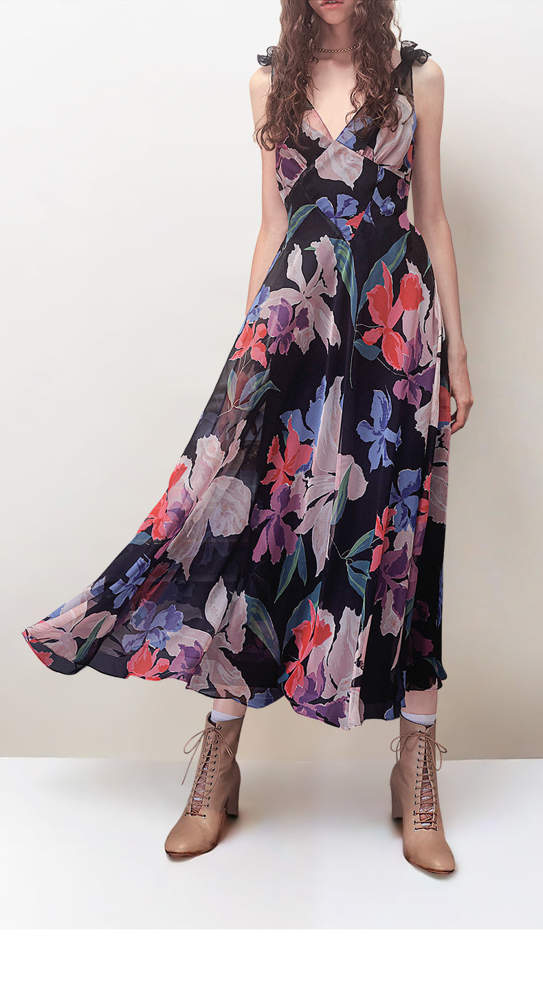 ELEGANT FLORAL CHIFFON MAXI DRESS WITH BOW STRAPS