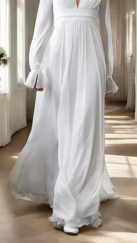 ELEGANT WHITE MAXI DRESS WITH V - NECK AND SHEER SLEEVES