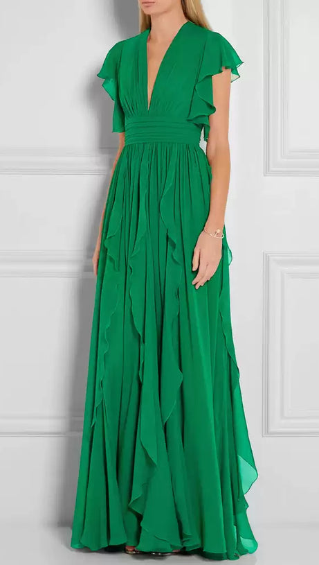 GREEN V - NECK RUFFLED MAXI DRESS