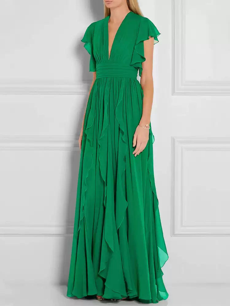 AIIZIE GREEN V - NECK RUFFLED MAXI DRESS - product image