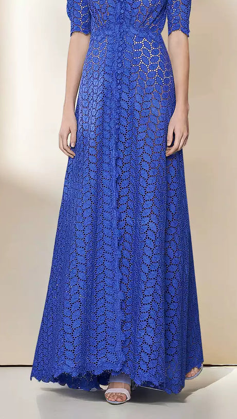 ELEGANT BLUE LACE MIDI DRESS WITH BUTTON FRONT