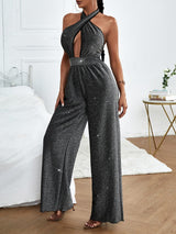 mirabelle halter jumpsuit in black silver