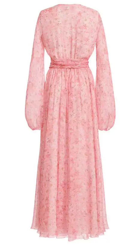 PINK FLORAL CHIFFON MAXI DRESS WITH BALLOON SLEEVES AND KEYHOLE NECKLINE
