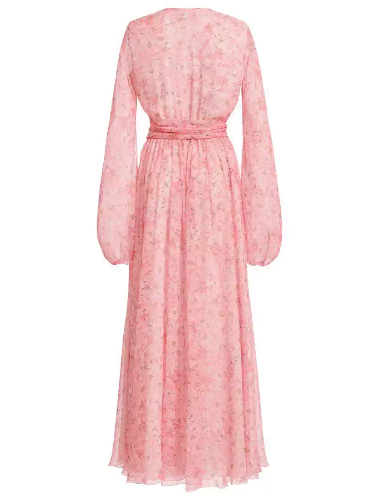 AIIZIE PINK FLORAL CHIFFON MAXI DRESS WITH BALLOON SLEEVES AND KEYHOLE NECKLINE - product image