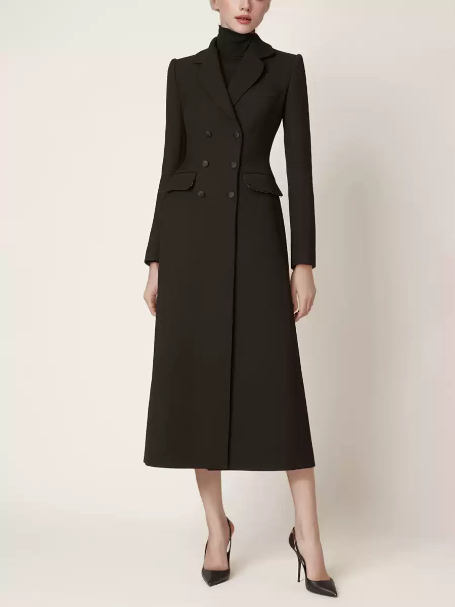 BLACK LONG TRENCH COAT  WITH DOUBLE BREASTED DESIGN