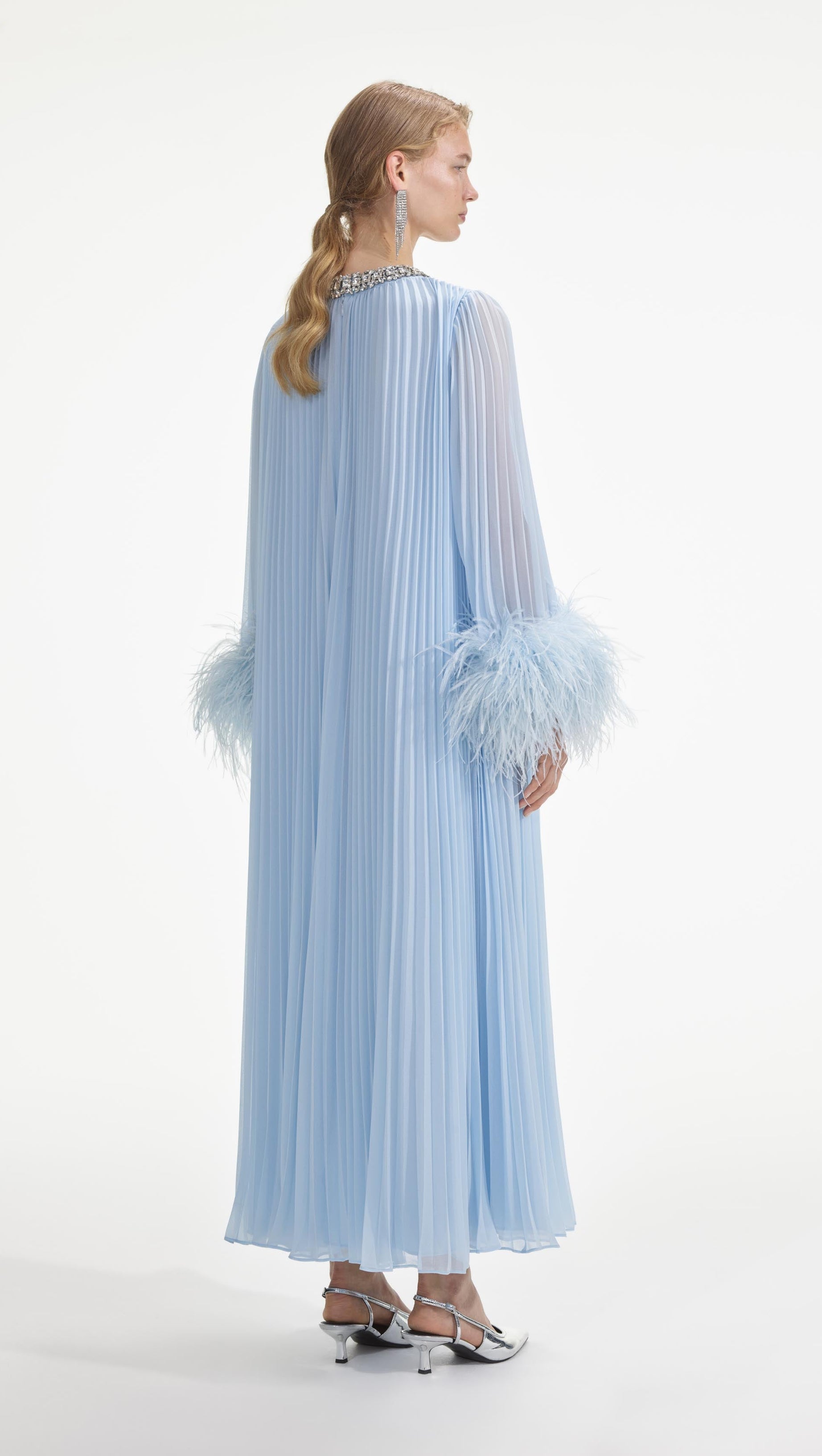 MANJA DIAMANTE CHIFFON FEATHER MAXI DRESS - BLUE