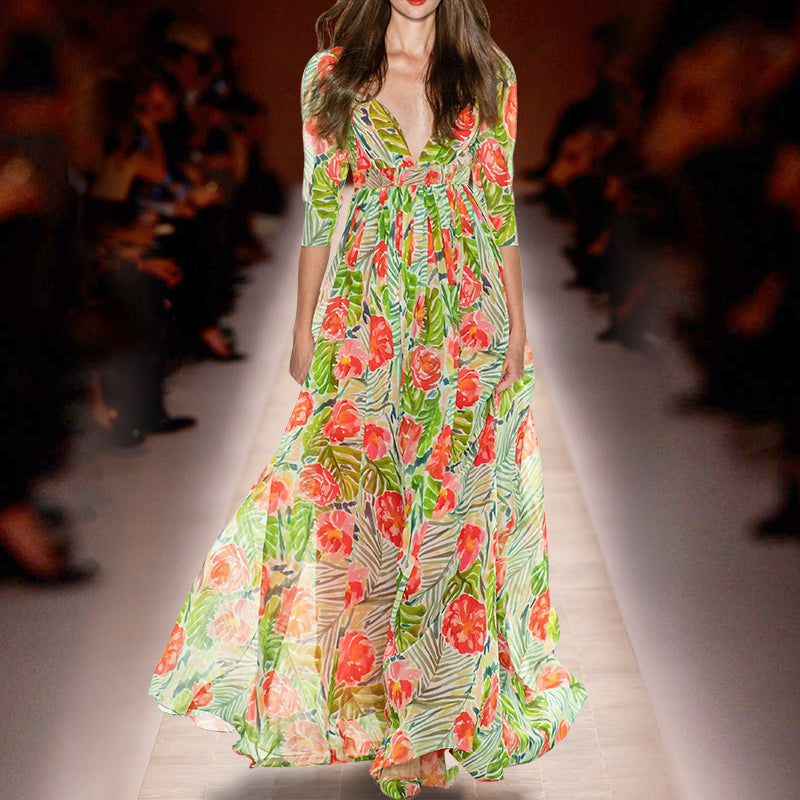 ELEGANT FLORAL GREEN MAXI DRESS WITH V - NECK AND BELT
