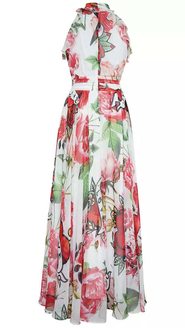 AIIZIE RED WATERCOLOR FLORAL CHIFFON SLEEVELESS HOCO MAXI DRESS - product image