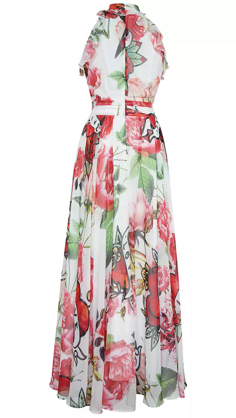 RED WATERCOLOR FLORAL CHIFFON SLEEVELESS HOCO MAXI DRESS