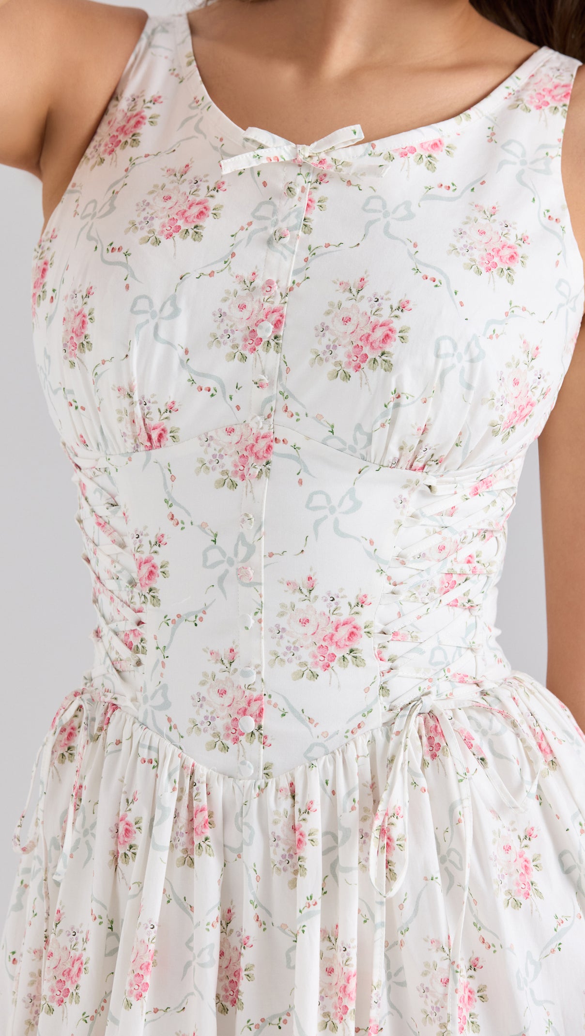 AIIZIE ENCHANTING ROSE PRINT STRETCH COTTON LACE UP MIDI DRESS - product image