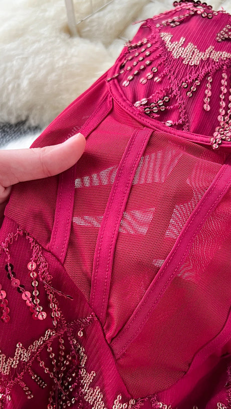 CAROL SEQUIN FRINGE MAXI DRESS IN RED