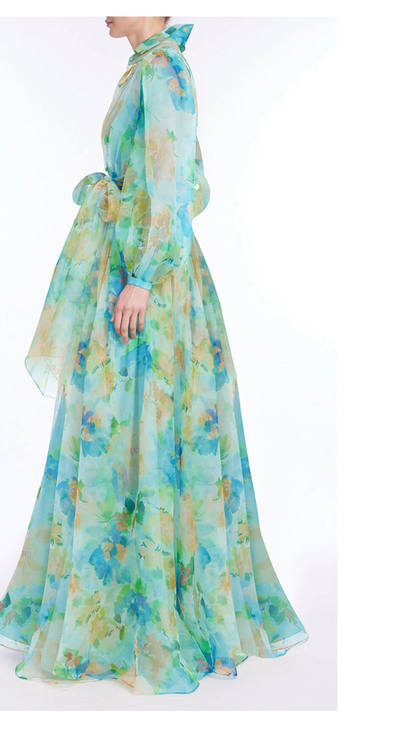 AIIZIE BLUE - GREEN FLORAL CHIFFON MAXI DRESS WITH BELTED WAIST - product image