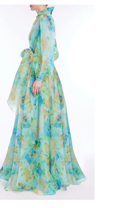 BLUE - GREEN FLORAL CHIFFON MAXI DRESS WITH BELTED WAIST
