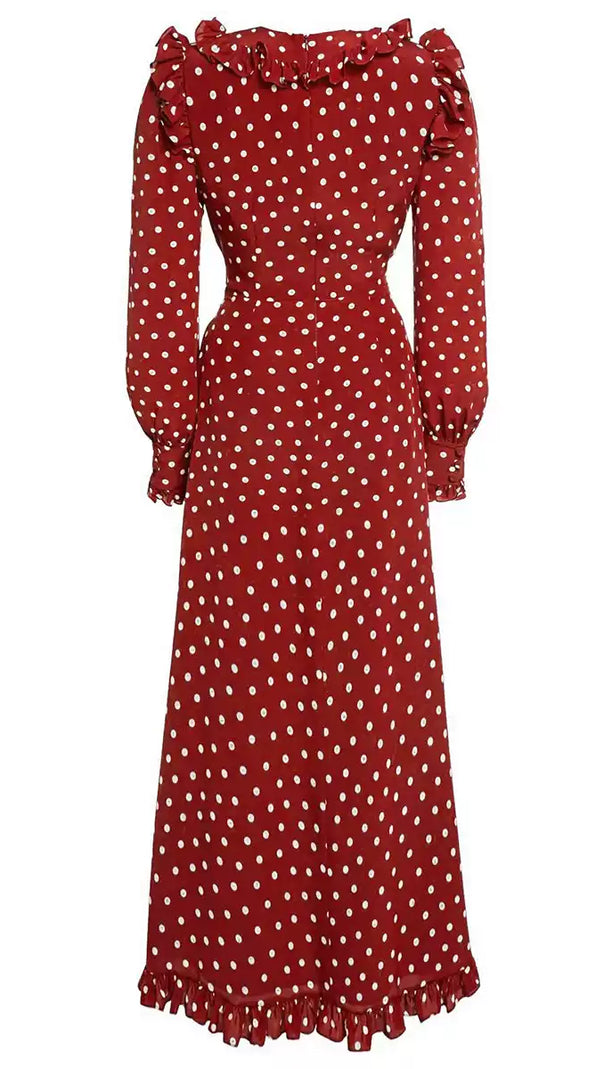 AIIZIE BURGUNDY POLKA DOT MAXI DRESS WITH RUFFLED V - NECK AND BELT - product image