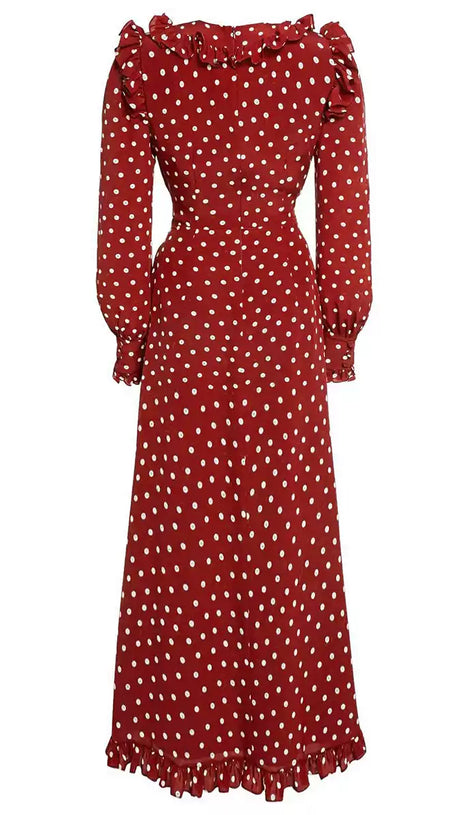BURGUNDY POLKA DOT MAXI DRESS WITH RUFFLED V - NECK AND BELT