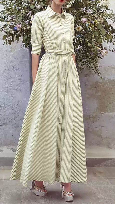 ELEGANTE ABITO LUNGO A RIGHE VERDE ACQUA