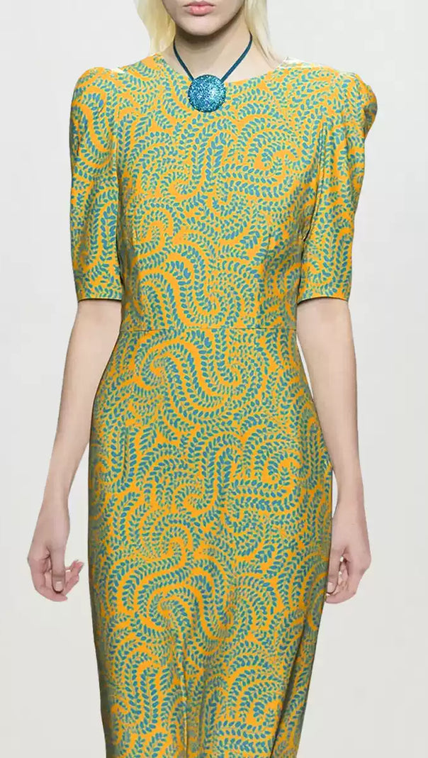 AIIZIE GREEN SATIN PRINTED SHORT - SLEEVE MAXI DRESS - product image