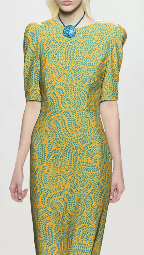 ABITO LUNGO A MANICHE CORTE STAMPATO IN RASO VERDE 